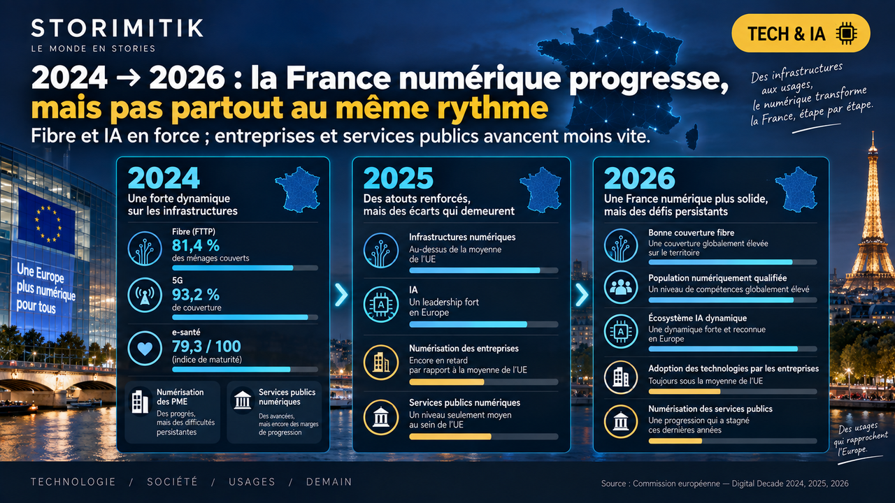 Infographie STORIMITIK retraçant l’évolution du numérique français de 2024 à 2026 avec des indicateurs sur la fibre, la 5G, l’e-santé, l’IA, les entreprises et les services publics.