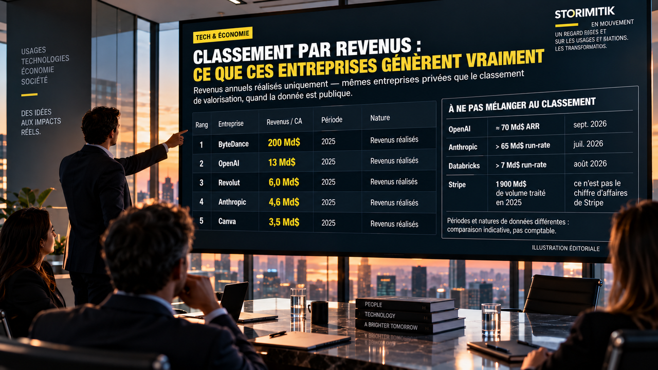 Illustration éditoriale STORIMITIK présentant un tableau comparatif des revenus publiés de grandes entreprises privées et un encadré séparant ARR, run-rate et volume de paiements.