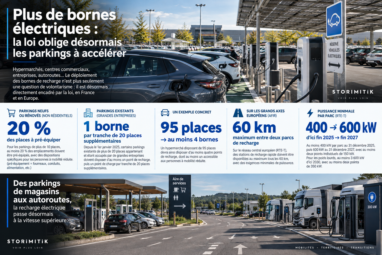 Infographie STORIMITIK résumant plusieurs chiffres réglementaires sur les parkings et la recharge électrique.