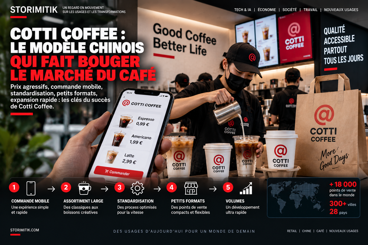 Illustration éditoriale STORIMITIK montrant la logique opérationnelle de Cotti Coffee : commande mobile, préparation standardisée, assortiment large, petit format et recherche de volume.