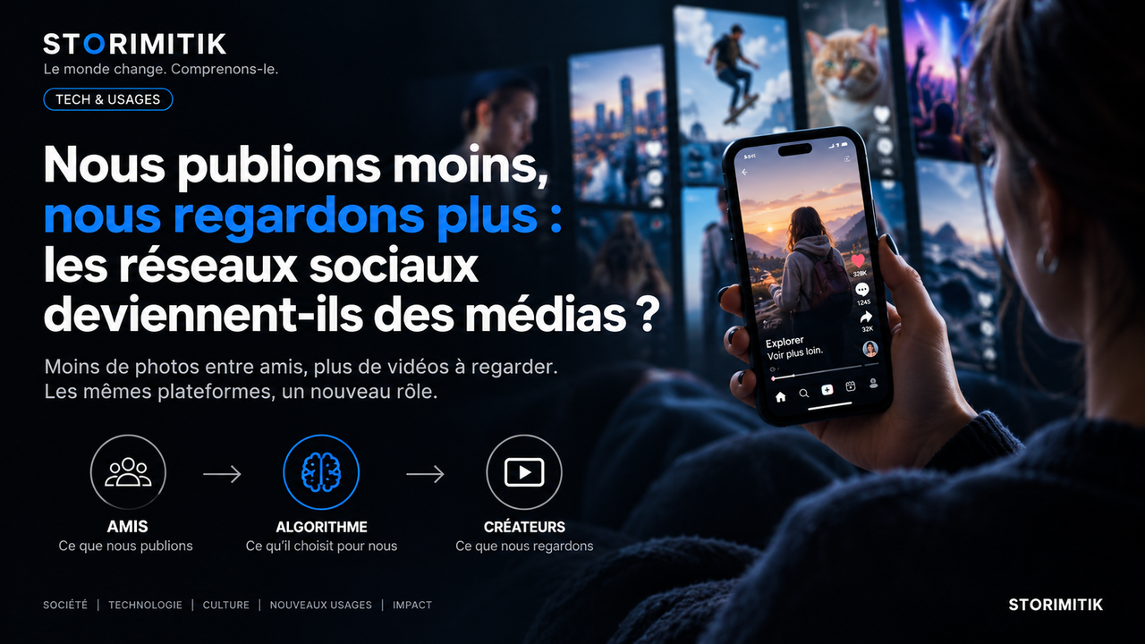 Visuel STORIMITIK montrant un utilisateur devant des flux vidéo recommandés, illustrant le passage des amis vers l’algorithme et les créateurs.