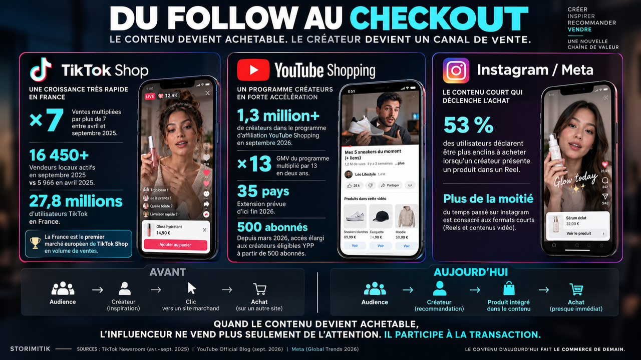 Planche DATA STORIMITIK comparant TikTok Shop France, YouTube Shopping et Instagram/Meta à travers plusieurs chiffres 2025-2026.