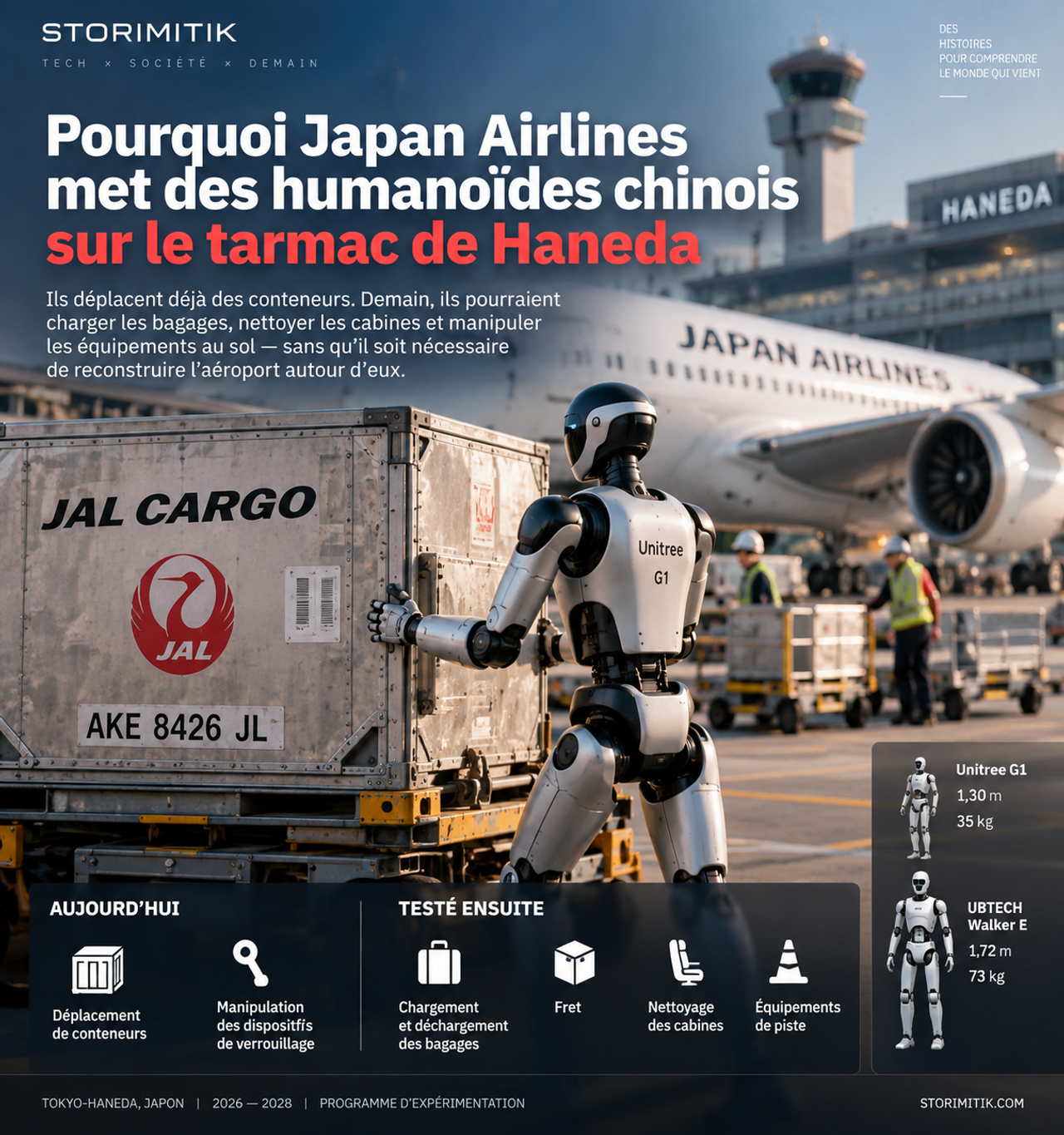 Infographie sur le programme d’expérimentation JAL et GMO à Haneda, avec les humanoïdes Unitree G1 et UBTECH Walker E et les tâches étudiées.