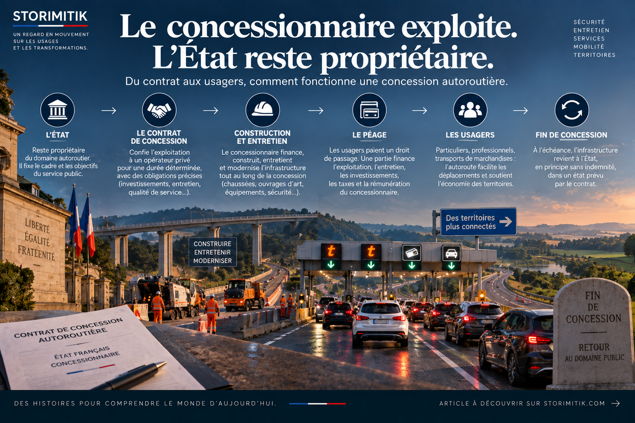 Illustration éditoriale STORIMITIK expliquant le cycle d’une concession autoroutière française entre État, concessionnaire, péage, usagers et fin de concession.