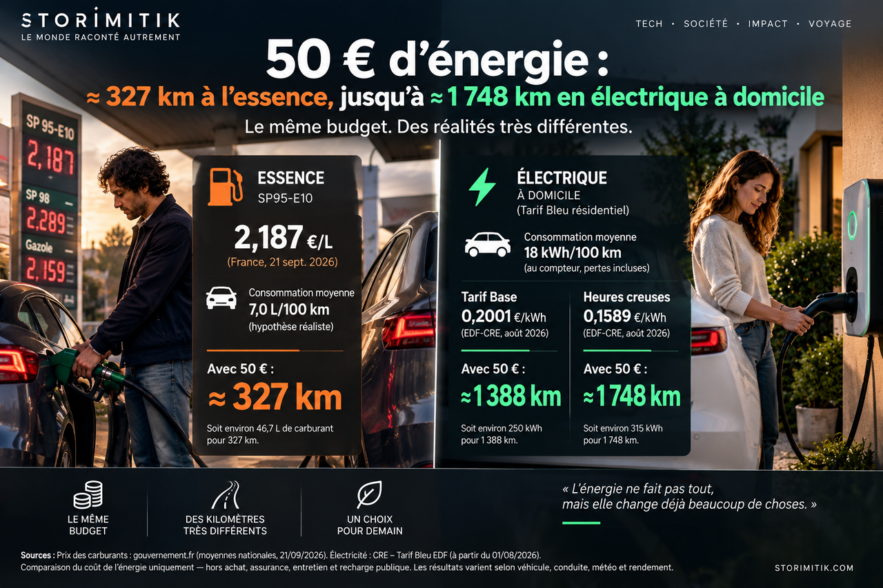 Infographie STORIMITIK : avec 50 euros, environ 327 km à l’essence, 1 388 km en électrique au tarif domestique Base et jusqu’à 1 748 km en heures creuses selon les hypothèses retenues.