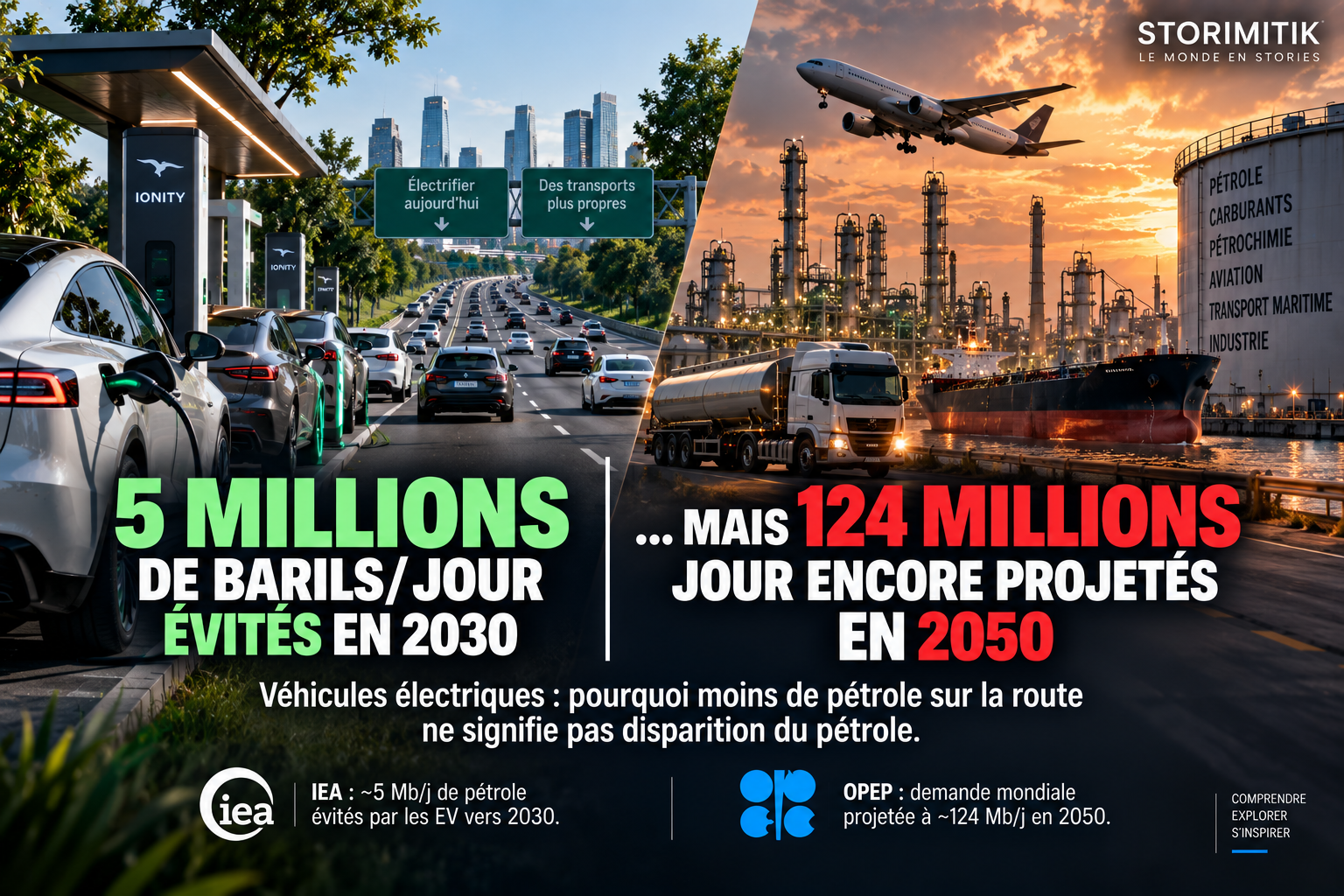 Illustration STORIMITIK opposant l’électrification automobile et les usages mondiaux persistants du pétrole.