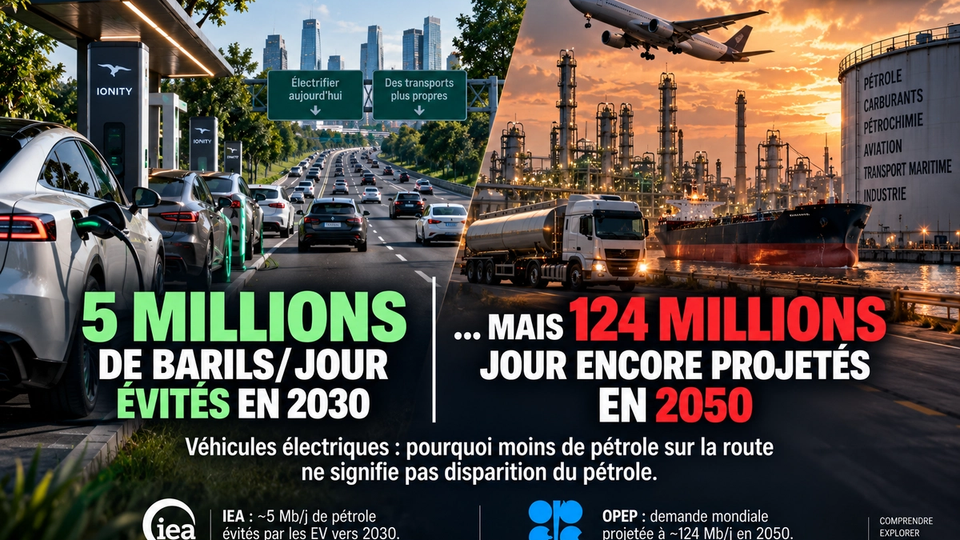 Illustration STORIMITIK opposant l’électrification automobile et les usages mondiaux persistants du pétrole.