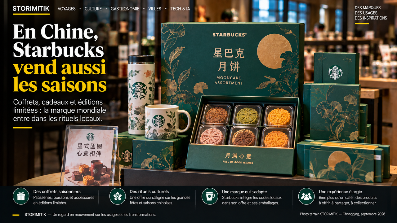 Illustration STORIMITIK à partir d’une photo terrain d’un coffret saisonnier Starbucks en Chine.