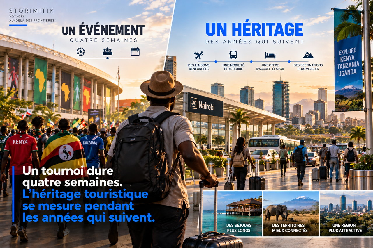 Visuel éditorial STORIMITIK opposant les quatre semaines d’un grand tournoi à l’héritage touristique durable attendu dans les années suivantes.