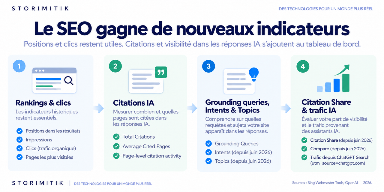 Infographie montrant l’élargissement des indicateurs SEO : rankings, clics, citations IA, grounding queries, intents, topics et citation share.