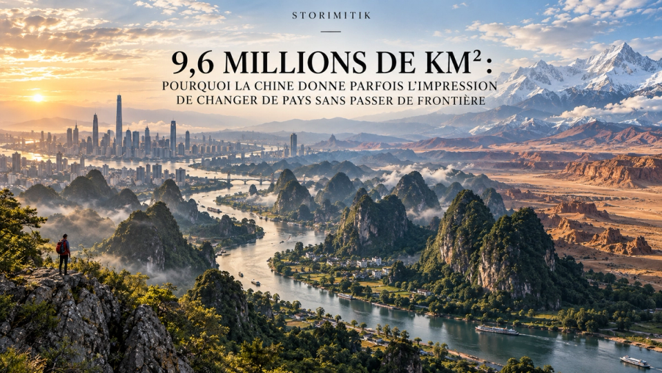Illustration STORIMITIK ultra-réaliste mêlant ville, reliefs karstiques, désert et sommets enneigés pour symboliser la diversité géographique de la Chine.