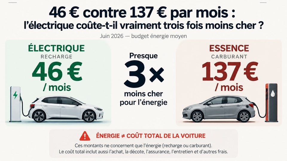 Infographie comparant un budget énergie mensuel de 46 € pour une voiture électrique à 137 € pour une voiture essence.