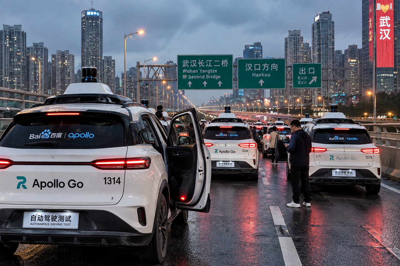 Illustration éditoriale de plusieurs robotaxis Apollo Go immobilisés sur une voie rapide à Wuhan, avec des passagers à proximité.