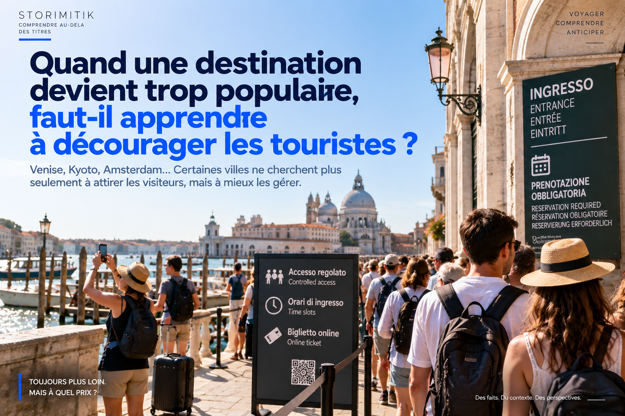 Une destination européenne très fréquentée où des visiteurs progressent vers un accès organisé par réservation et contrôle des flux.