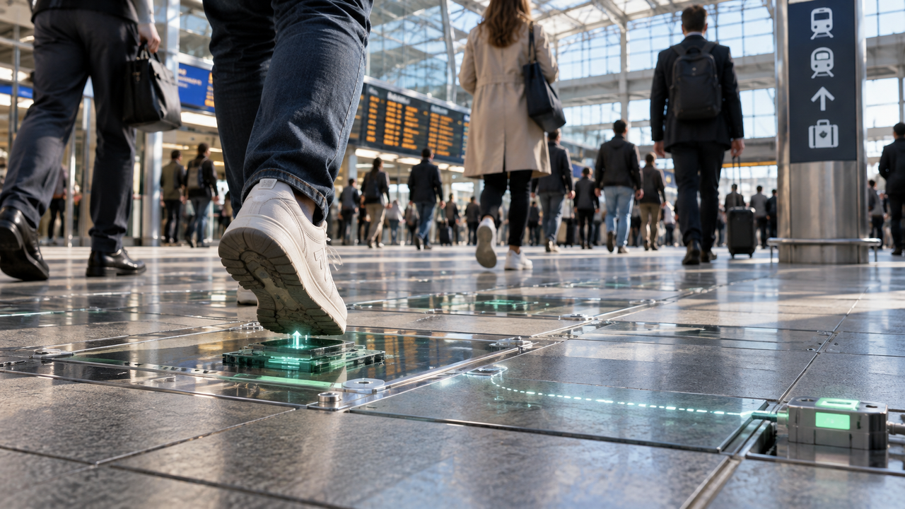 Photographie éditoriale réaliste d’un piéton marchant sur un sol cinétique dans une gare, avec une légère visualisation conceptuelle de l’énergie récupérée.