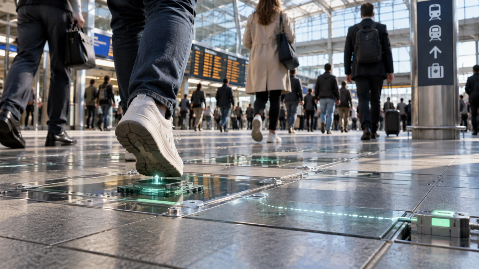 Photographie éditoriale réaliste d’un piéton marchant sur un sol cinétique dans une gare, avec une légère visualisation conceptuelle de l’énergie récupérée.