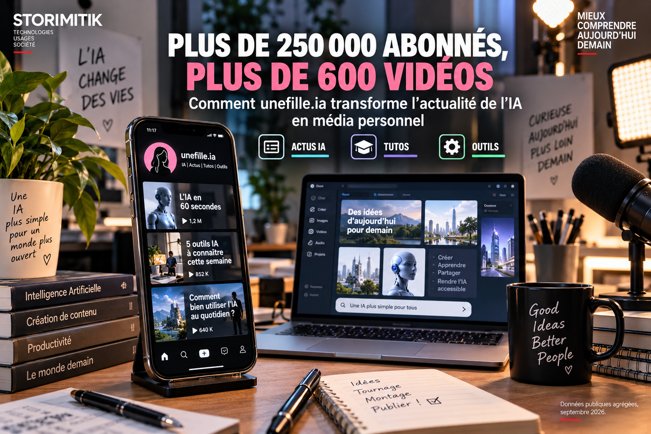 Illustration STORIMITIK d’un studio de créatrice IA avec smartphone, ordinateur et données d’audience d’unefille.ia.