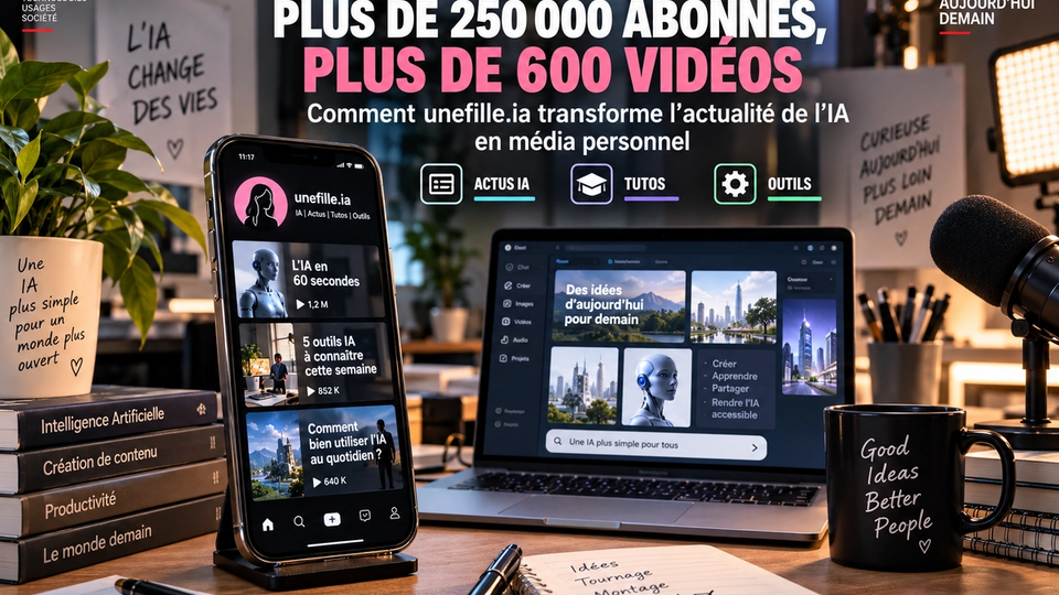 Illustration STORIMITIK d’un studio de créatrice IA avec smartphone, ordinateur et données d’audience d’unefille.ia.