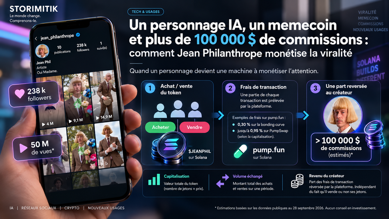 Infographie STORIMITIK expliquant comment des achats et ventes d’un token peuvent générer des frais dont une part est reversée au créateur via pump.fun.
