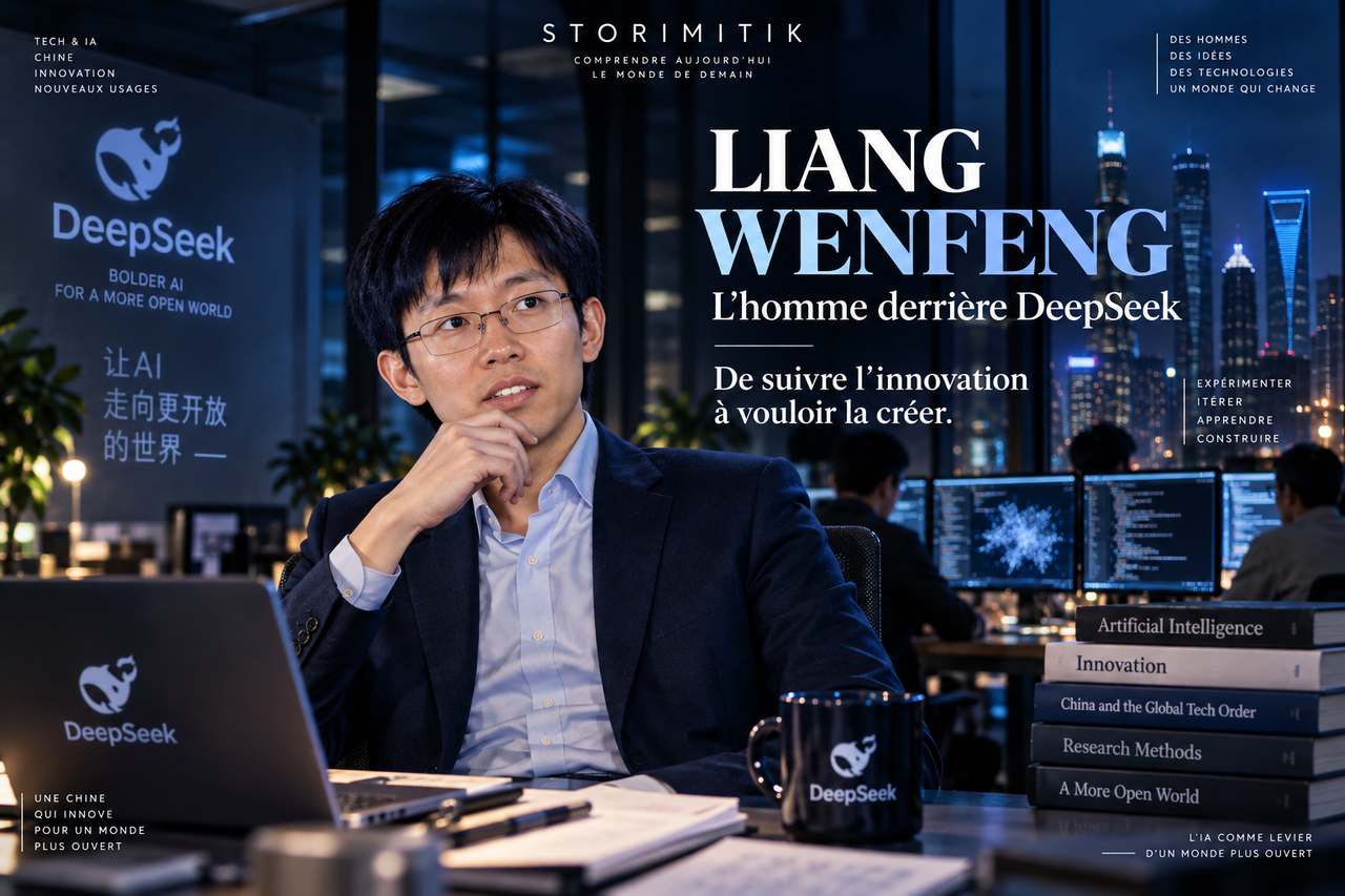 Portrait éditorial généré de Liang Wenfeng dans un laboratoire IA fictif évoquant DeepSeek.