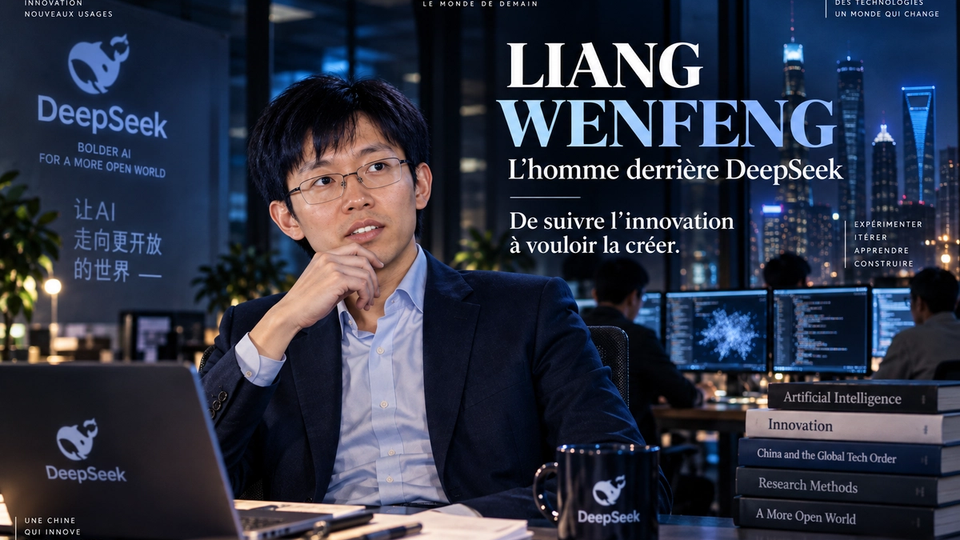 Portrait éditorial généré de Liang Wenfeng dans un laboratoire IA fictif évoquant DeepSeek.