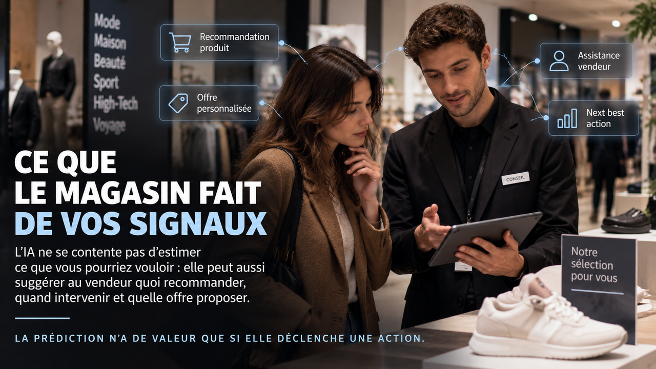 Illustration éditoriale STORIMITIK montrant un vendeur utilisant une tablette pour proposer des recommandations personnalisées à une cliente dans un magasin.