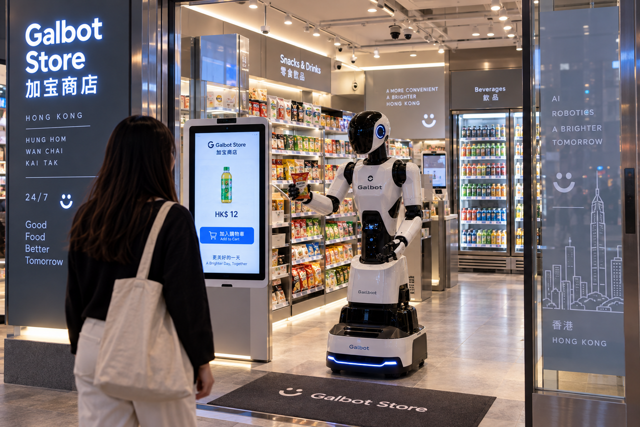 Illustration éditoriale de l’entrée d’un Galbot Store à Hong Kong avec robot visible à l’intérieur.