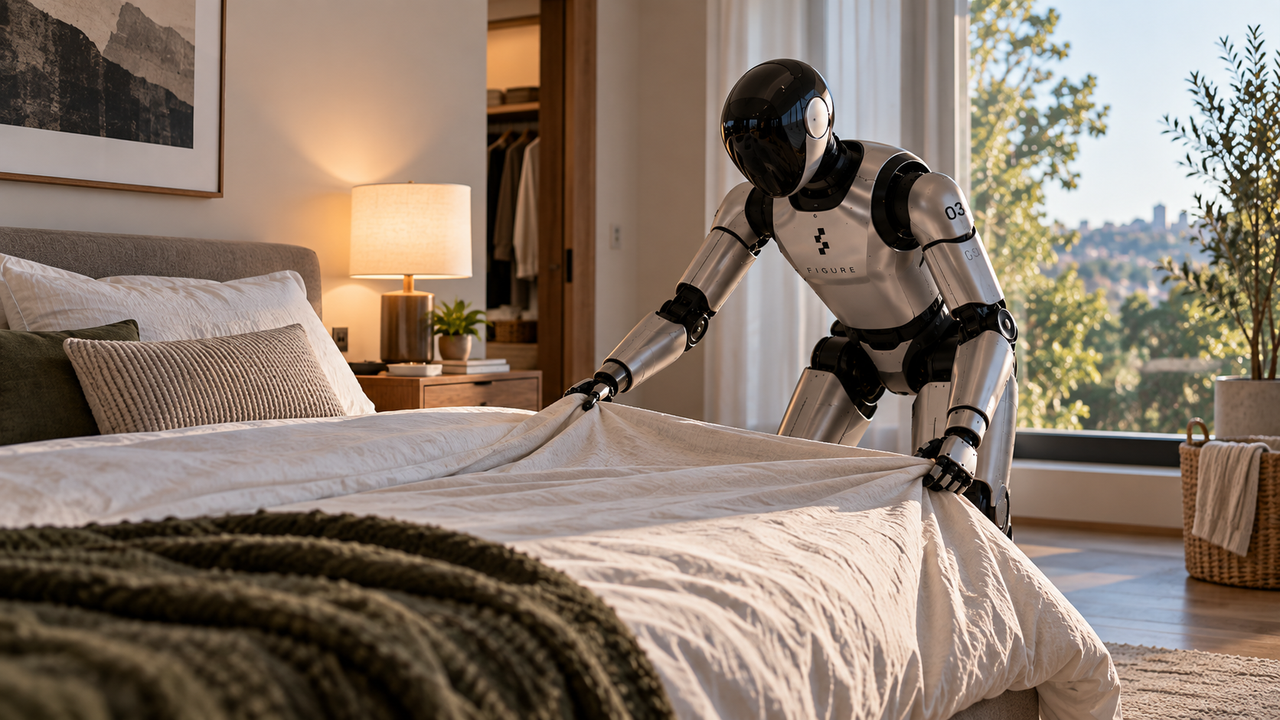 Illustration éditoriale d’un humanoïde Figure faisant un lit dans une chambre inconnue.