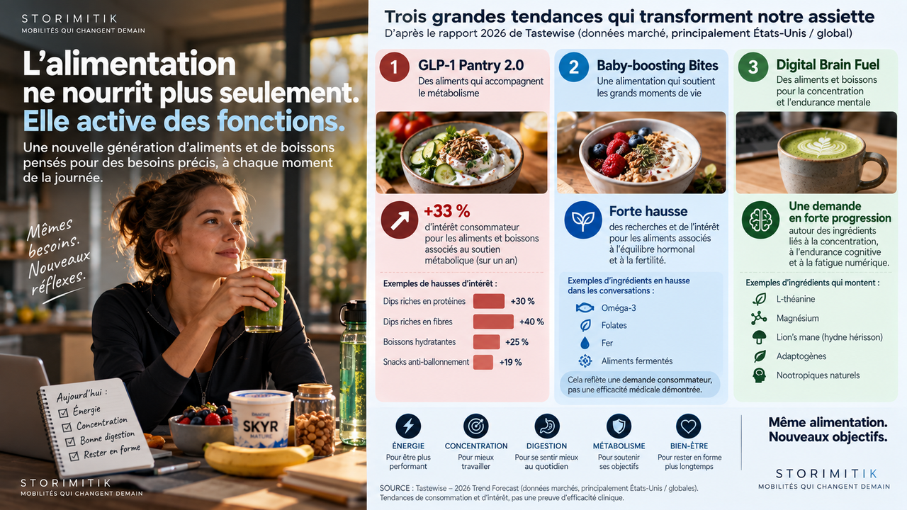 Infographie éditoriale présentant plusieurs tendances 2026 de l’alimentation fonctionnelle : soutien métabolique, nutrition liée aux moments de vie et ingrédients associés à la concentration.