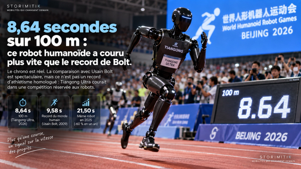 Illustration éditoriale de Tiangong Ultra courant sur une piste d’athlétisme lors d’une compétition robotique à Pékin.