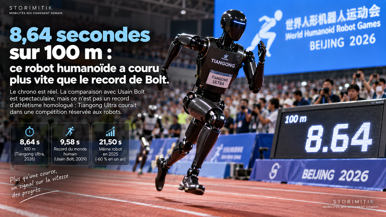 Illustration éditoriale de Tiangong Ultra courant sur une piste d’athlétisme lors d’une compétition robotique à Pékin.
