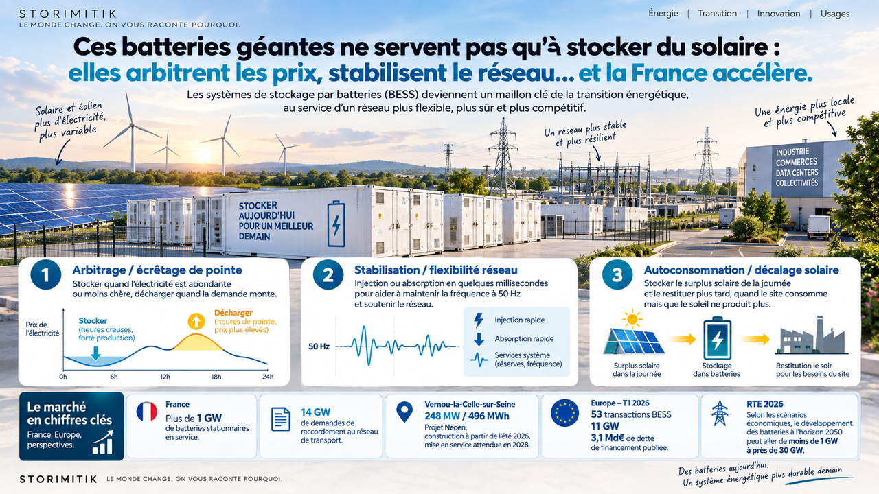 Infographie STORIMITIK montrant trois usages d’un BESS : arbitrage des prix, stabilisation du réseau et décalage de l’énergie solaire.