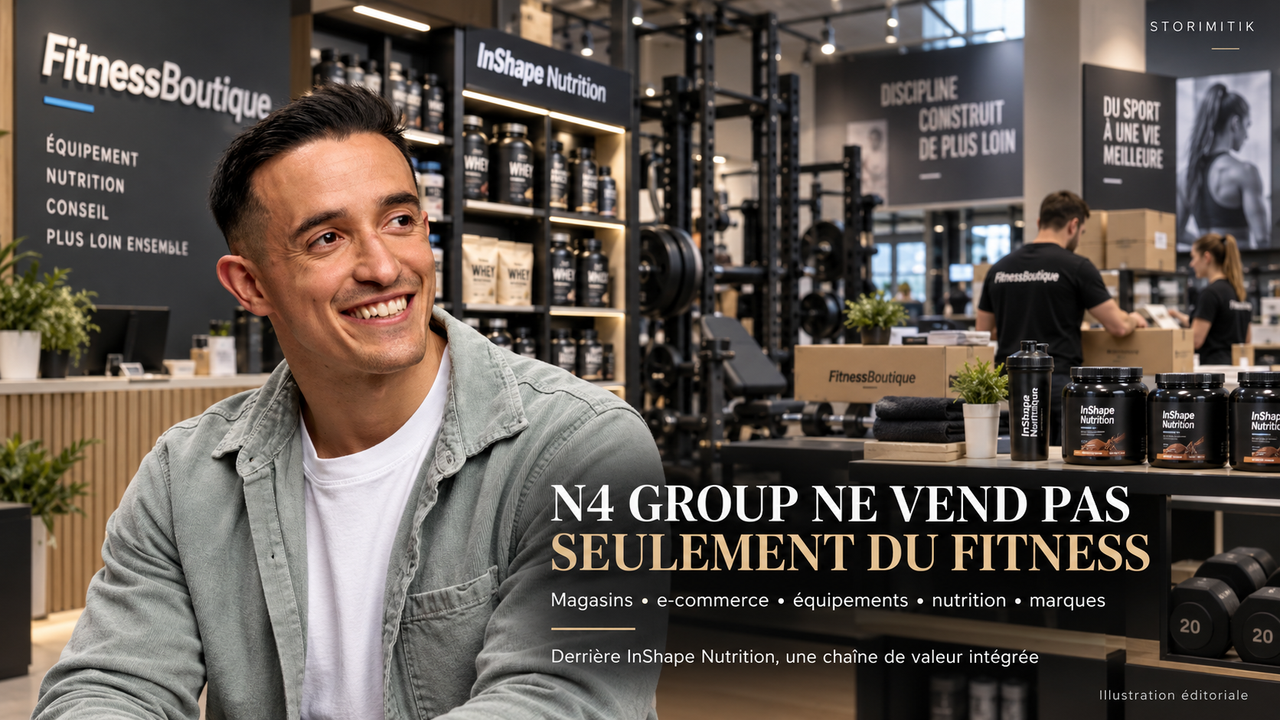 Illustration éditoriale STORIMITIK construite à partir d’une photographie fournie dans le chat, montrant l’écosystème N4 Group derrière InShape Nutrition et FitnessBoutique.