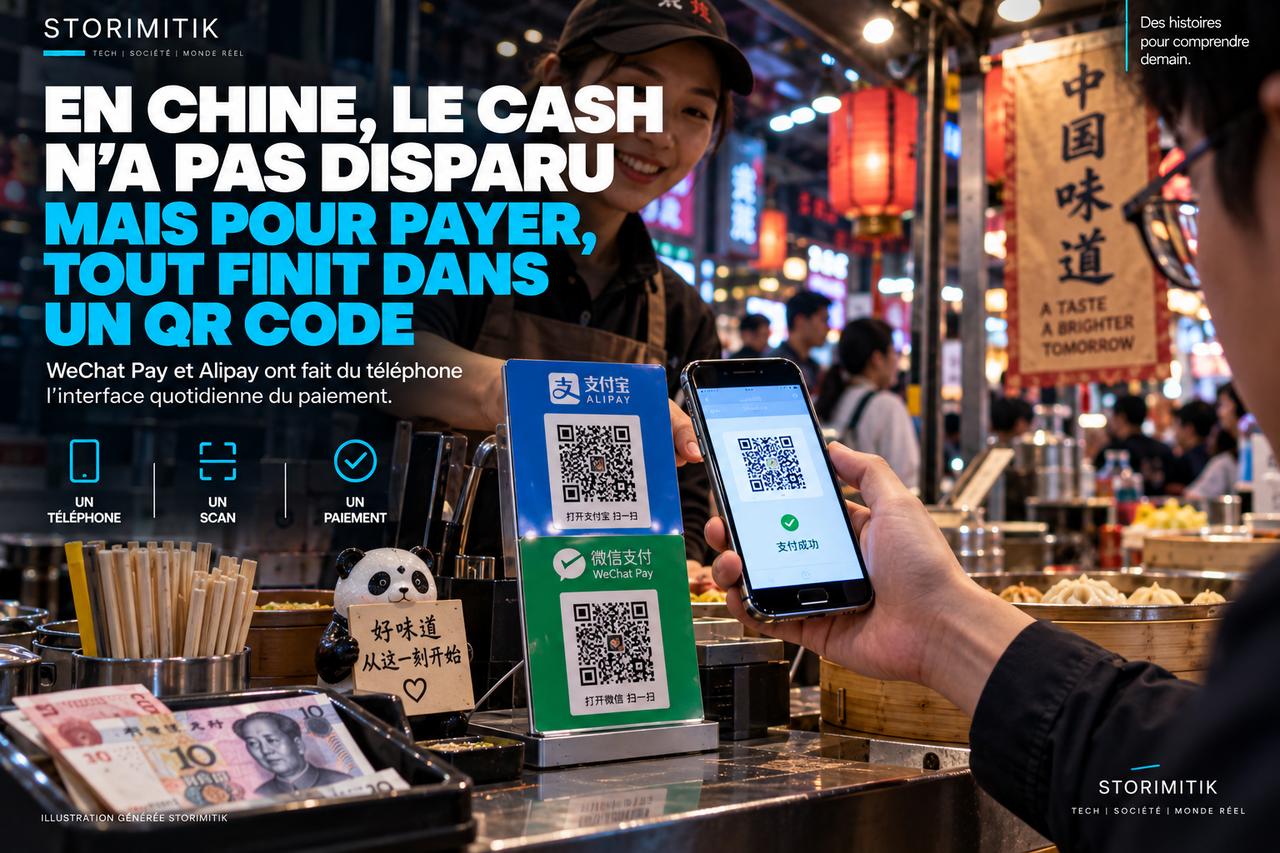 Illustration STORIMITIK d’un paiement par QR code dans un marché chinois, avec WeChat Pay, Alipay et billets en espèces visibles.