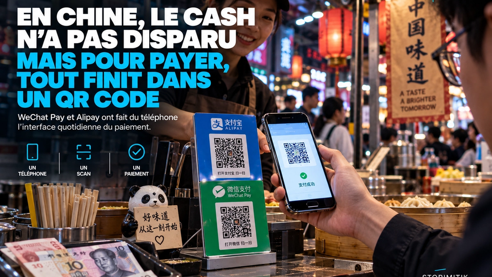 Illustration STORIMITIK d’un paiement par QR code dans un marché chinois, avec WeChat Pay, Alipay et billets en espèces visibles.
