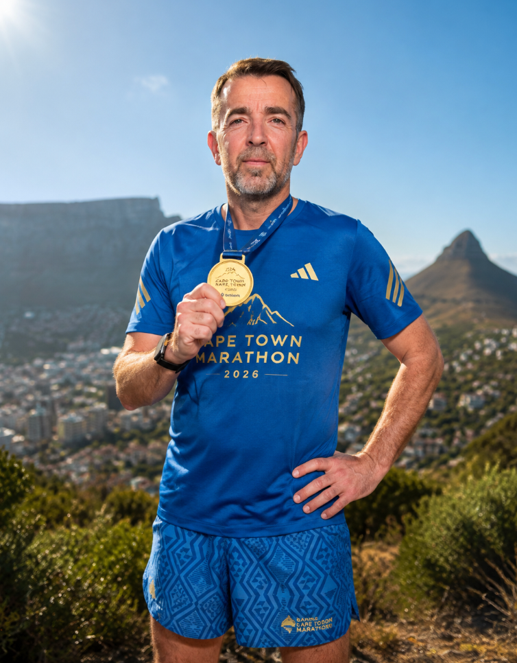 Florent Despréaux portant la médaille du Sanlam Cape Town Marathon 2026, en tenue officielle de course.