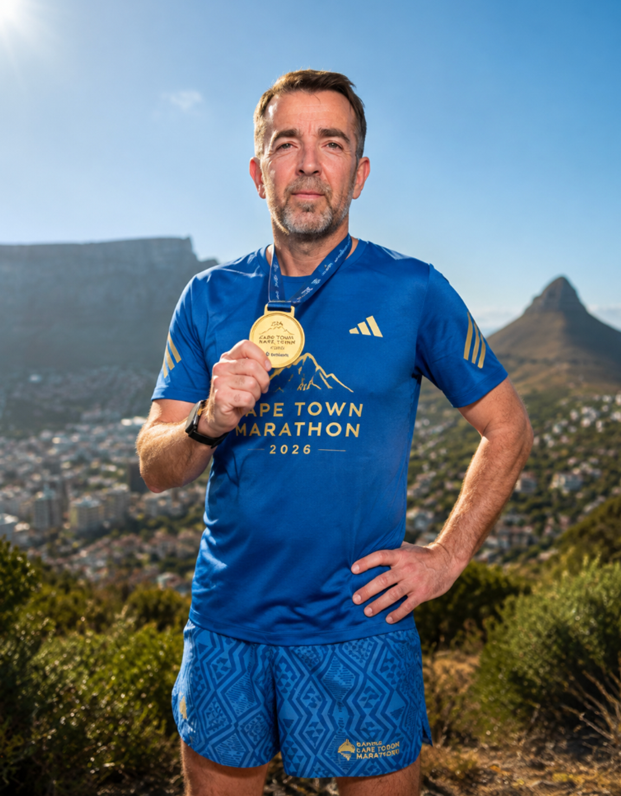 Florent Despréaux portant la médaille du Sanlam Cape Town Marathon 2026, en tenue officielle de course.