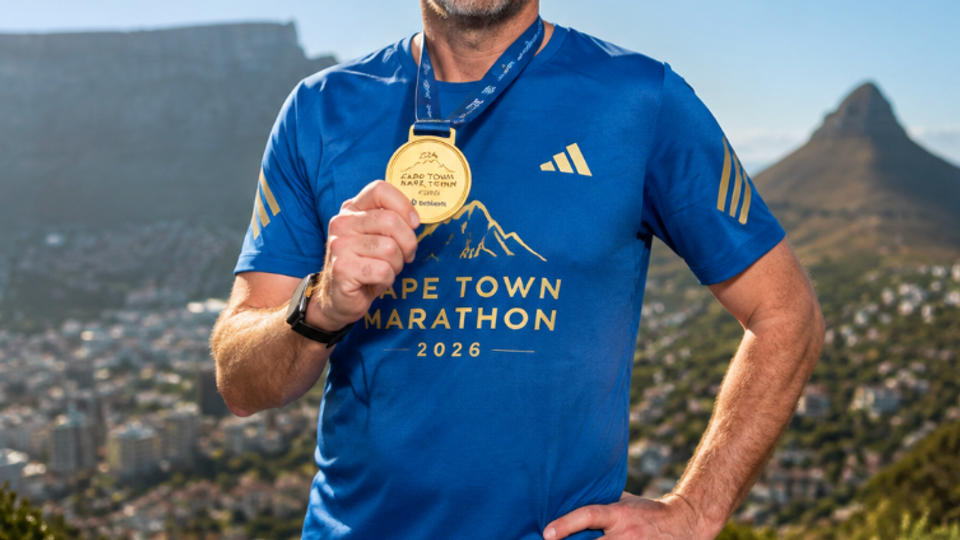 Florent Despréaux portant la médaille du Sanlam Cape Town Marathon 2026, en tenue officielle de course.