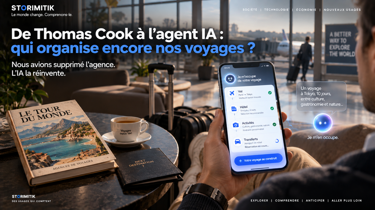 Voyageur dans un lounge d’aéroport utilisant un assistant IA qui assemble vol, hôtel, activités et transferts.