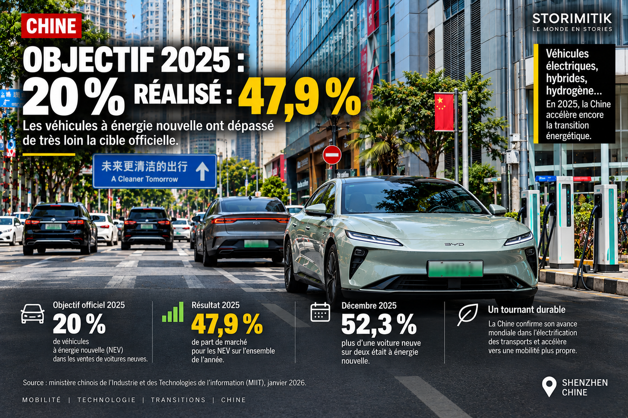 Illustration STORIMITIK sur l’objectif 2025 de 20 %, le résultat annuel de 47,9 % et la part de 52,3 % en décembre 2025 pour les véhicules à énergie nouvelle en Chine.