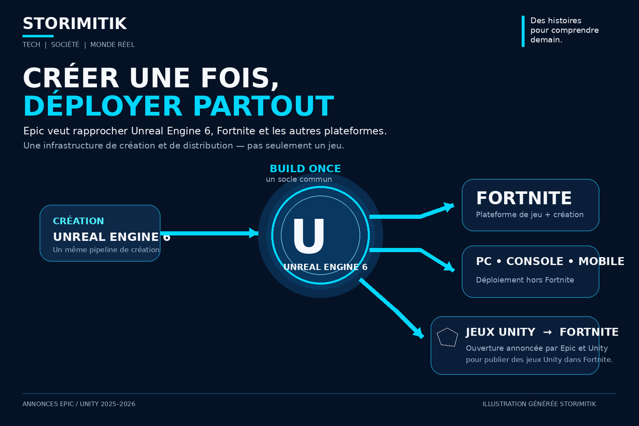 Infographie STORIMITIK représentant l’ambition d’Epic de rapprocher Unreal Engine 6, Fortnite, les plateformes traditionnelles et l’ouverture aux jeux Unity.