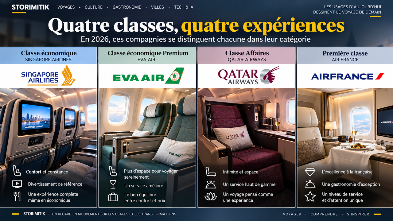 Comparatif STORIMITIK des gagnants Skytrax 2026 en classe économique, Premium Economy, Business et Première classe.