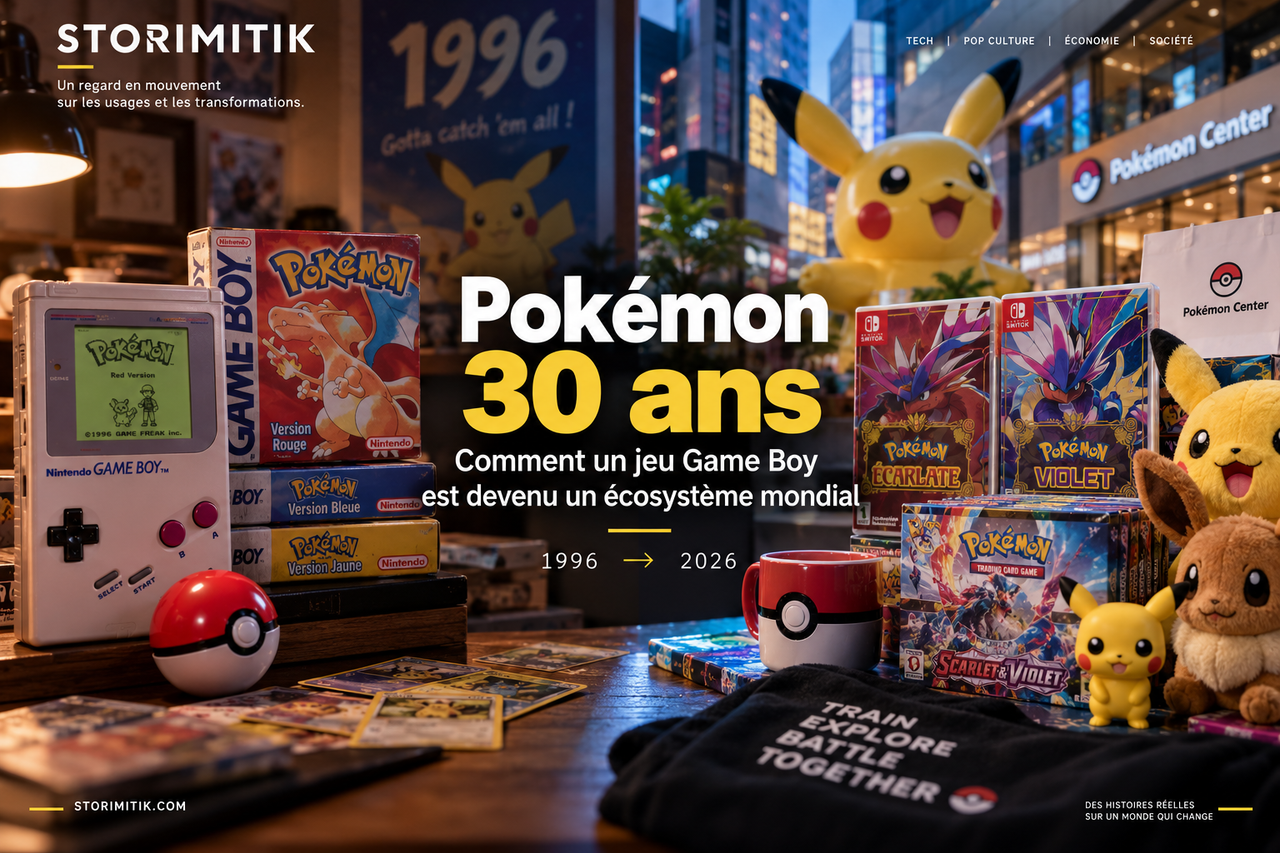 Composition éditoriale STORIMITIK évoquant les 30 ans de Pokémon, des débuts sur Game Boy à l’écosystème contemporain de jeux, cartes et produits dérivés.
