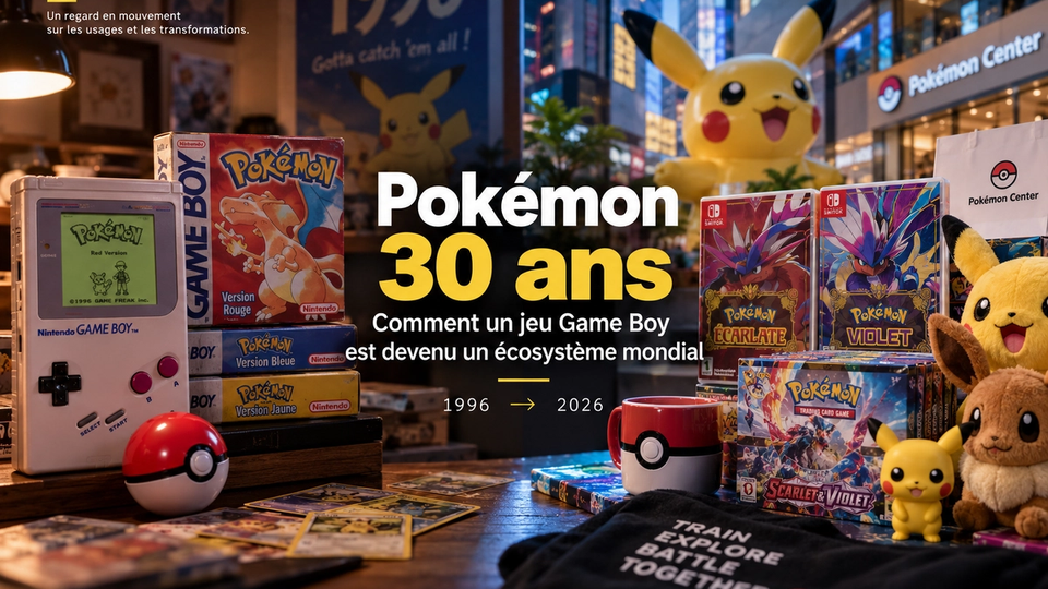 Composition éditoriale STORIMITIK évoquant les 30 ans de Pokémon, des débuts sur Game Boy à l’écosystème contemporain de jeux, cartes et produits dérivés.