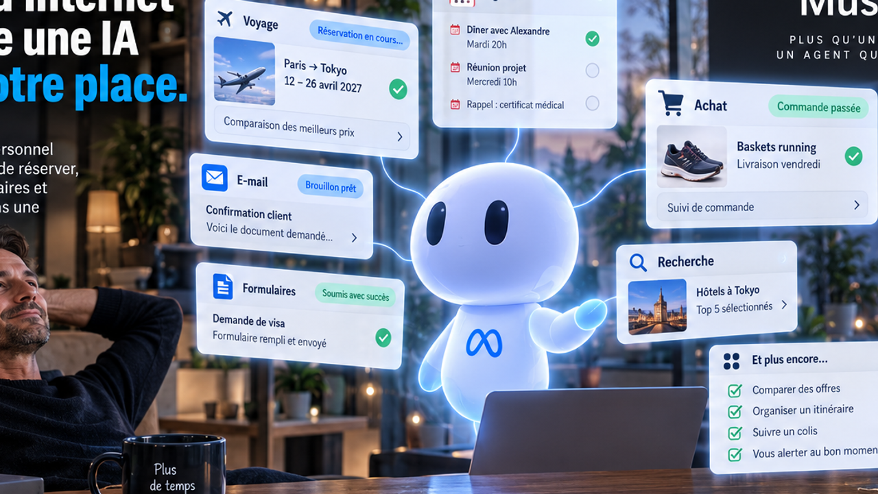 Illustration d’un utilisateur détendu pendant qu’un agent IA exécute en parallèle des tâches de voyage, agenda, recherche, formulaire et achat sur Internet.