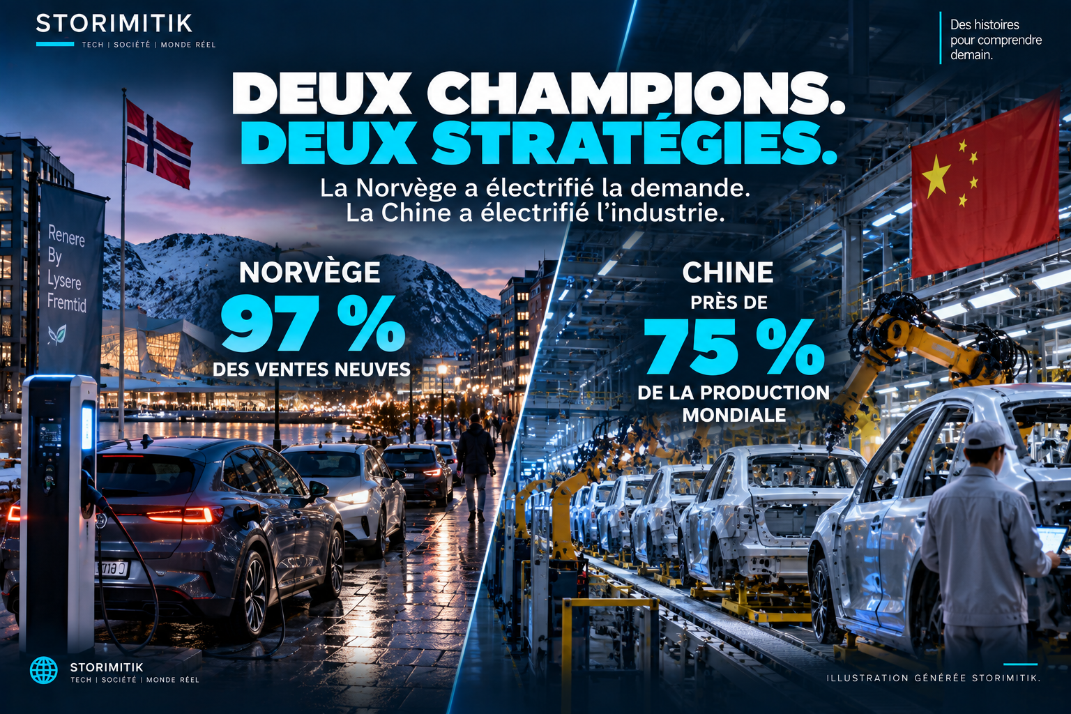 Illustration STORIMITIK comparant l’électrification automobile en Norvège et la puissance industrielle chinoise.