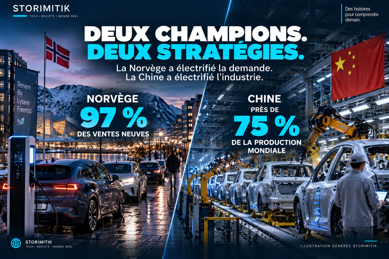 Illustration STORIMITIK comparant l’électrification automobile en Norvège et la puissance industrielle chinoise.