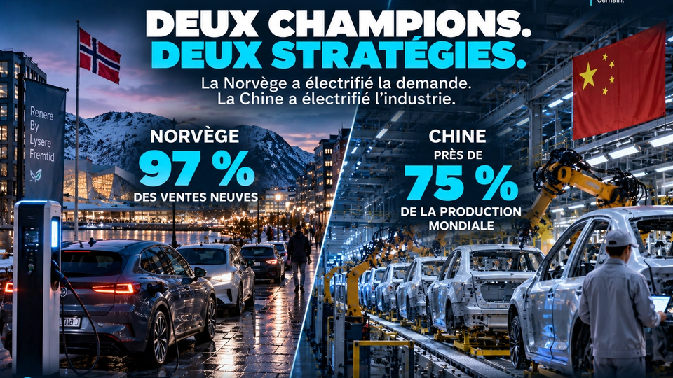 Illustration STORIMITIK comparant l’électrification automobile en Norvège et la puissance industrielle chinoise.