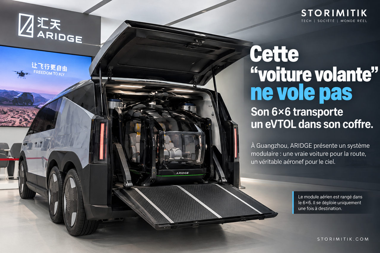 Illustration STORIMITIK du Land Aircraft Carrier ARIDGE montrant le 6×6 transportant un eVTOL dans son compartiment arrière.