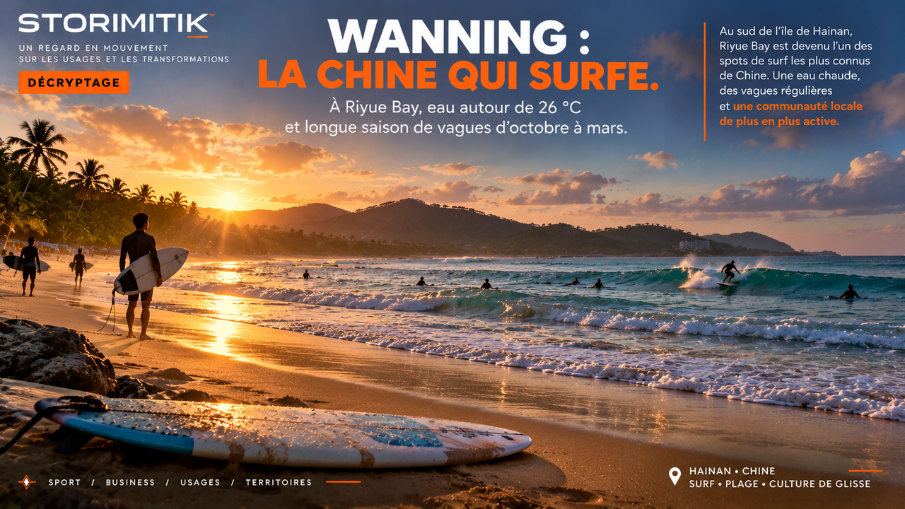 Reconstitution éditoriale de Riyue Bay à Wanning avec surfeurs, plage tropicale et lumière de fin de journée.